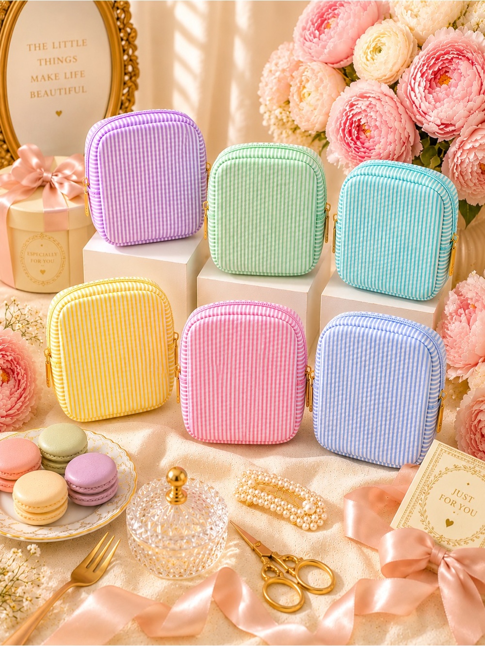 Pastel Seersucker Organizer Pouch | Makeup Bag | Travel Case | Purse Organizer